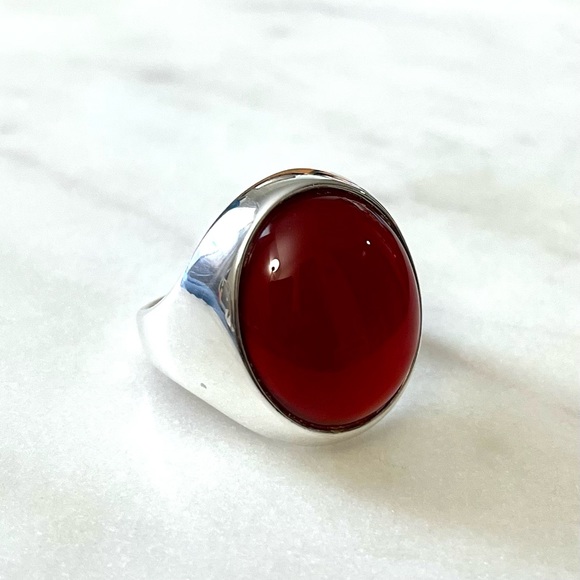Milor Jewelry - Milor Italy Red Carnelian Cabochon Signet Style 950 Fine Sterling Silver Ring